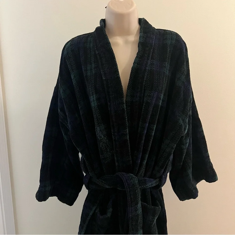 Vintage Christian Dior Pyjama Cotton Robe Plaid Green Blue One Size Terry Robe - Picture 10 of 12